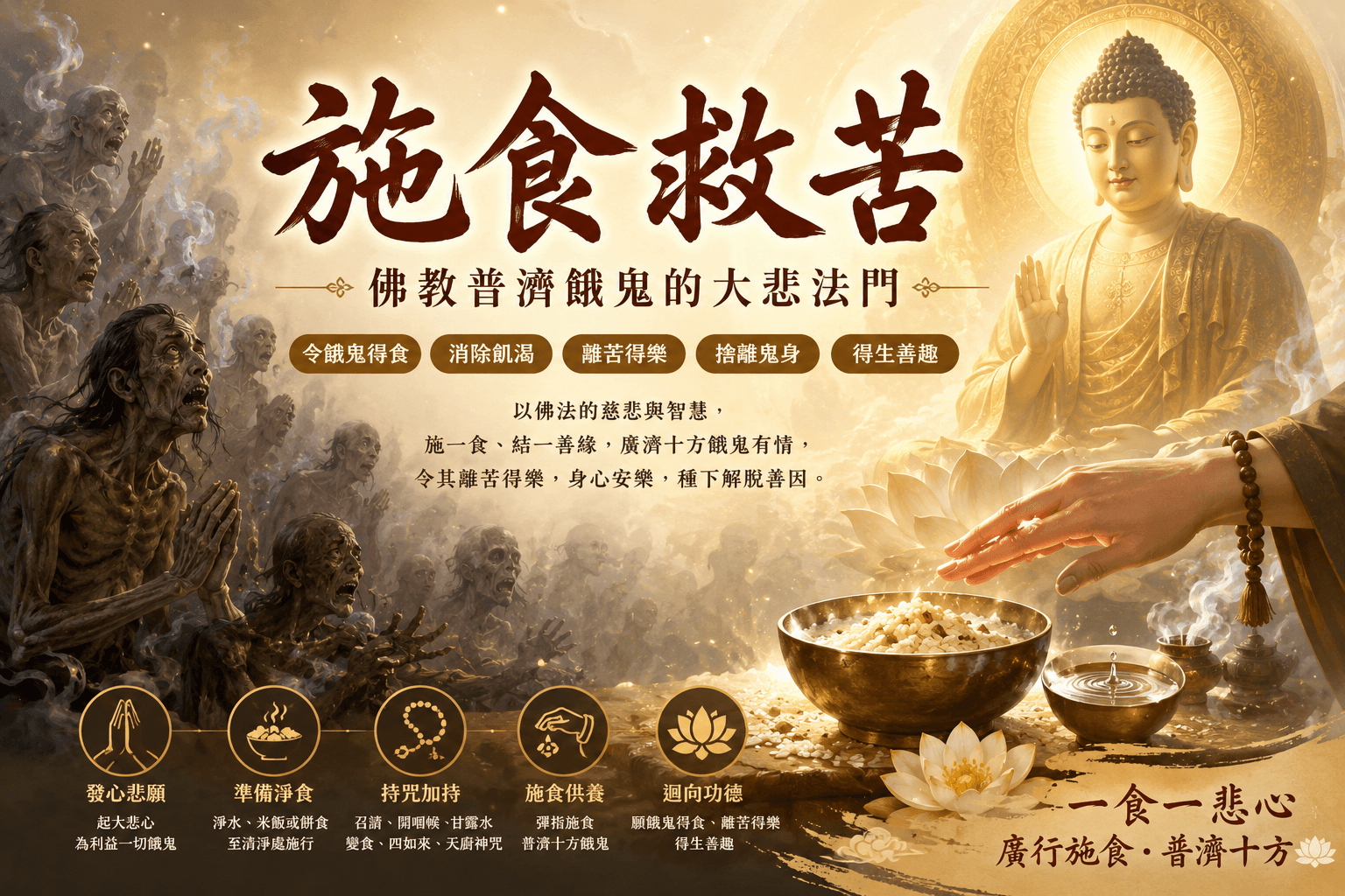 施食甘露普濟十方餓鬼，令其離苦得樂。