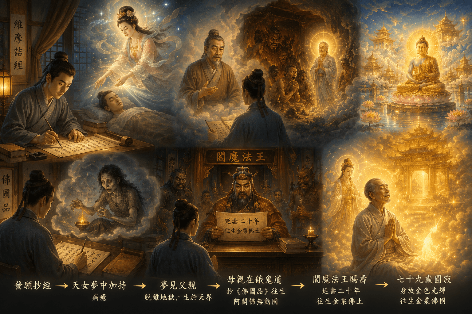 圖／書生虔誠抄寫《維摩詰經》，感得天女護佑、利益亡親，並蒙延壽二十年，最終往生金粟如來佛土。（示意圖）