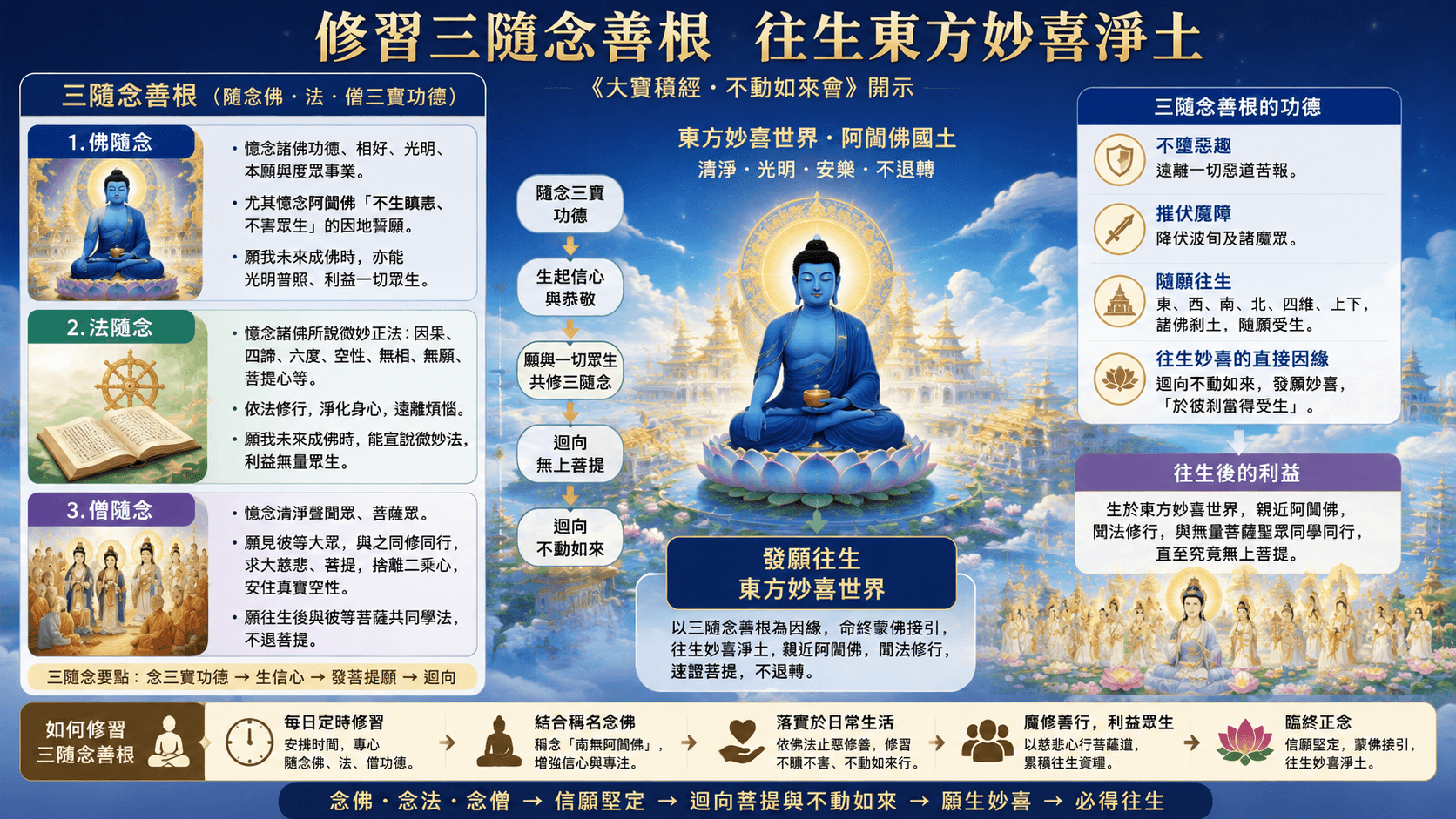 阿閦佛安住東方妙喜世界,行者隨念佛、法、僧三寶功德,生起信心與菩提願,並將所修善根迴向不動如來與無上菩提,成為往生妙喜淨土的重要因緣。